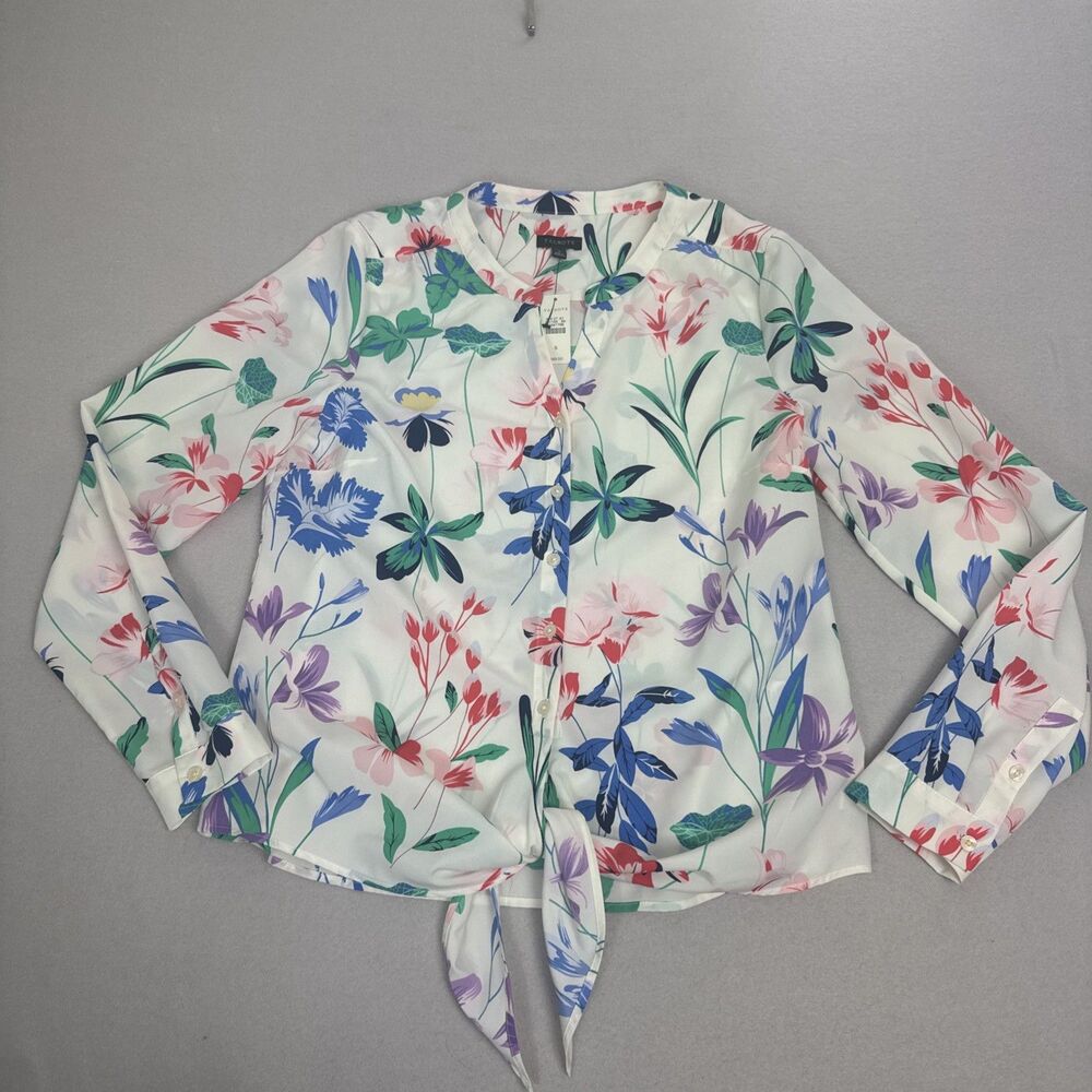 Talbots Women Sz S Wild Floral Button Down V Neck Blouse Waist Tie White‎